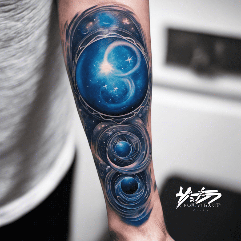 A detailed tattoo of celestial bodies, featuring a yin-yang symbol composed of stars and galaxies, extends along a person's forearm.
