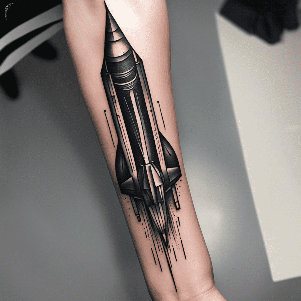 Alt text: A black and grey geometric tattoo on a person's forearm featuring abstract shapes and lines creating a 3D effect.