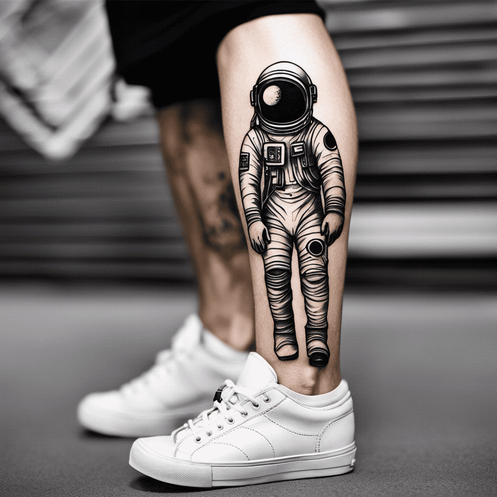 A detailed black and white tattoo of an astronaut on a person's calf, displayed against a blurred background with the person wearing white sneakers.