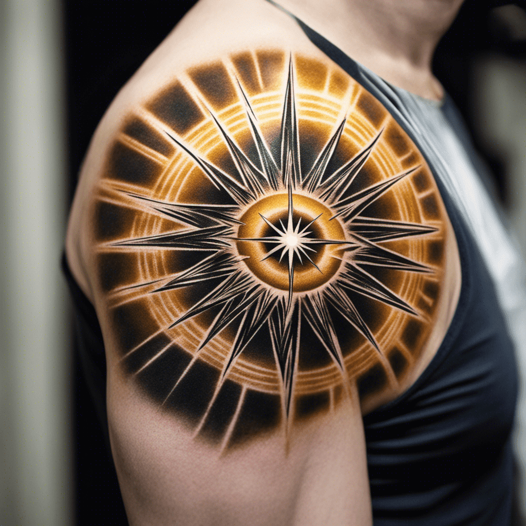 An intricately designed tattoo of a geometric compass-like star with shaded patterns on a person's upper arm.