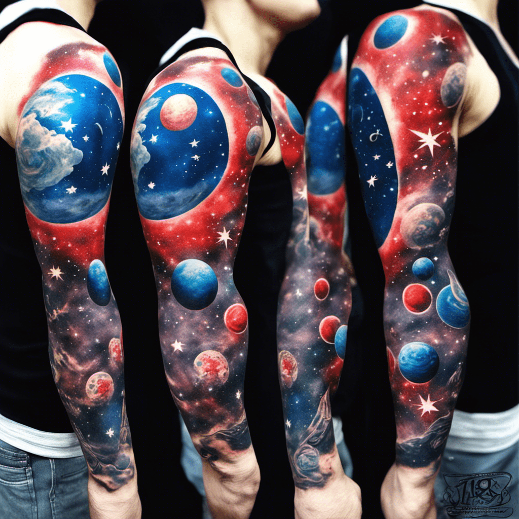 A full sleeve space-themed tattoo covering someone's arm, depicting various celestial bodies like planets, stars, and galaxies against a dark cosmic backdrop.