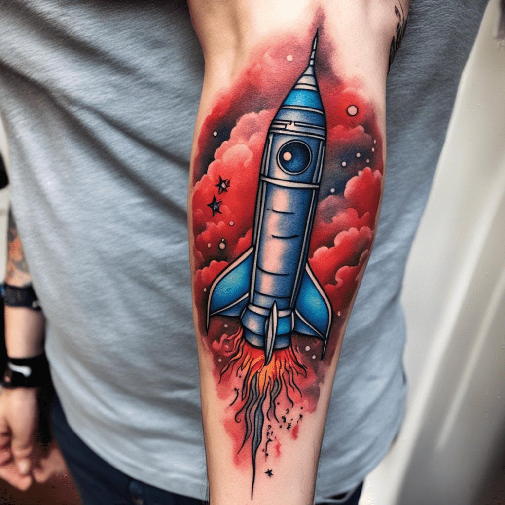 A vibrant tattoo of a blue rocket ascending amidst red and pink cosmic clouds and stars on a person's forearm.