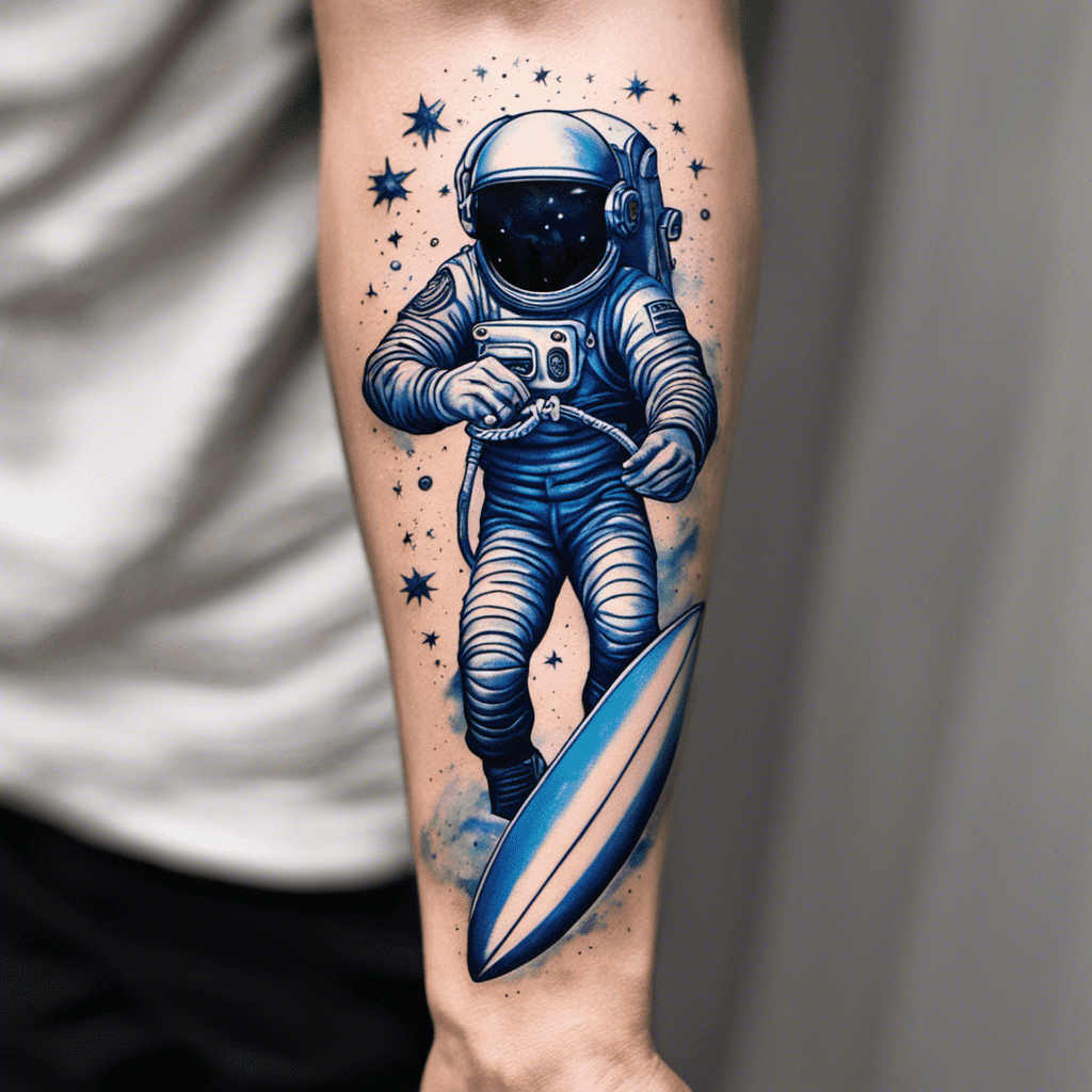 A tattoo on a person's arm depicting an astronaut riding a surfboard through space, surrounded by stars.