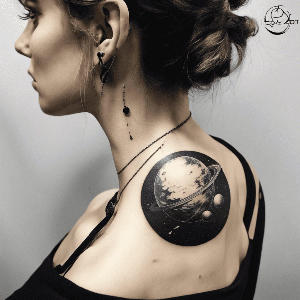 A woman with a planetary system tattoo on her shoulder.