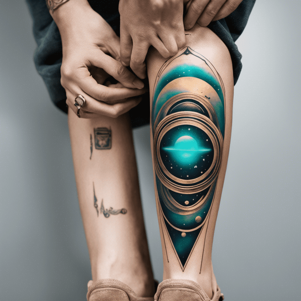 Alt text: Person seated with a detailed space-themed tattoo on their shin depicting planets and cosmic orbs within a tear-shaped design.