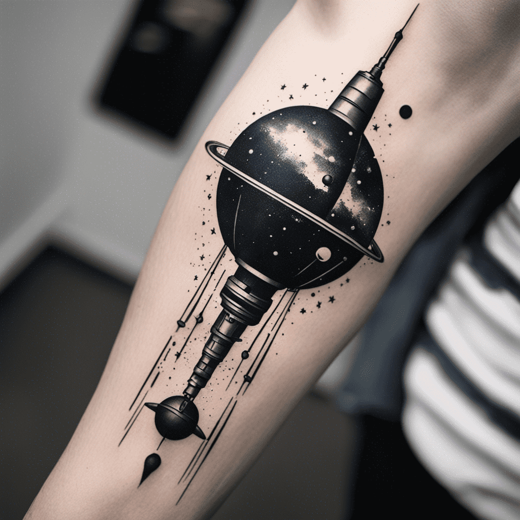 A detailed black-and-grey tattoo of a stylized satellite or space station with planetary rings, inked on someone's forearm.