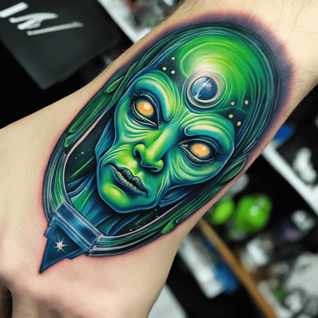 Alt text: A detailed tattoo of a green-toned alien with large eyes and a mysterious expression, featuring cosmic elements like stars and a planet, inked on someone's forearm.