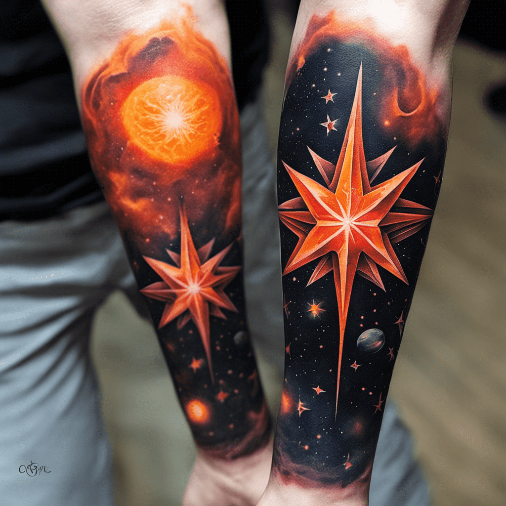 Alt text: A vibrant space-themed tattoo covering a person's arm, featuring an orange sun, starts, planets, and stylized cosmic formations.