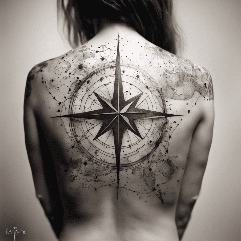 A black and white photo of a person's back with a detailed compass tattoo incorporating a map theme.
