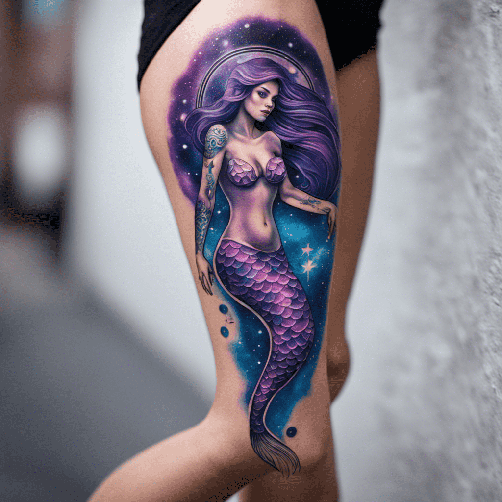 A detailed tattoo of a mermaid with purple hair and a cosmic background on a person's thigh.