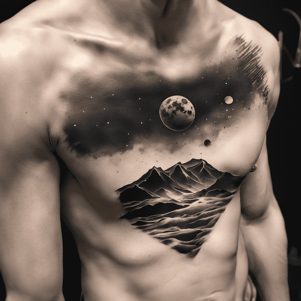 A black and white image showcasing a detailed chest tattoo of a mountain landscape under a night sky with a moon and stars.