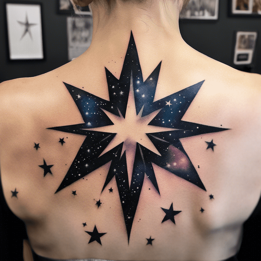 A person with a detailed star-shaped tattoo incorporating cosmic imagery, like stars and nebulae, on their upper back.