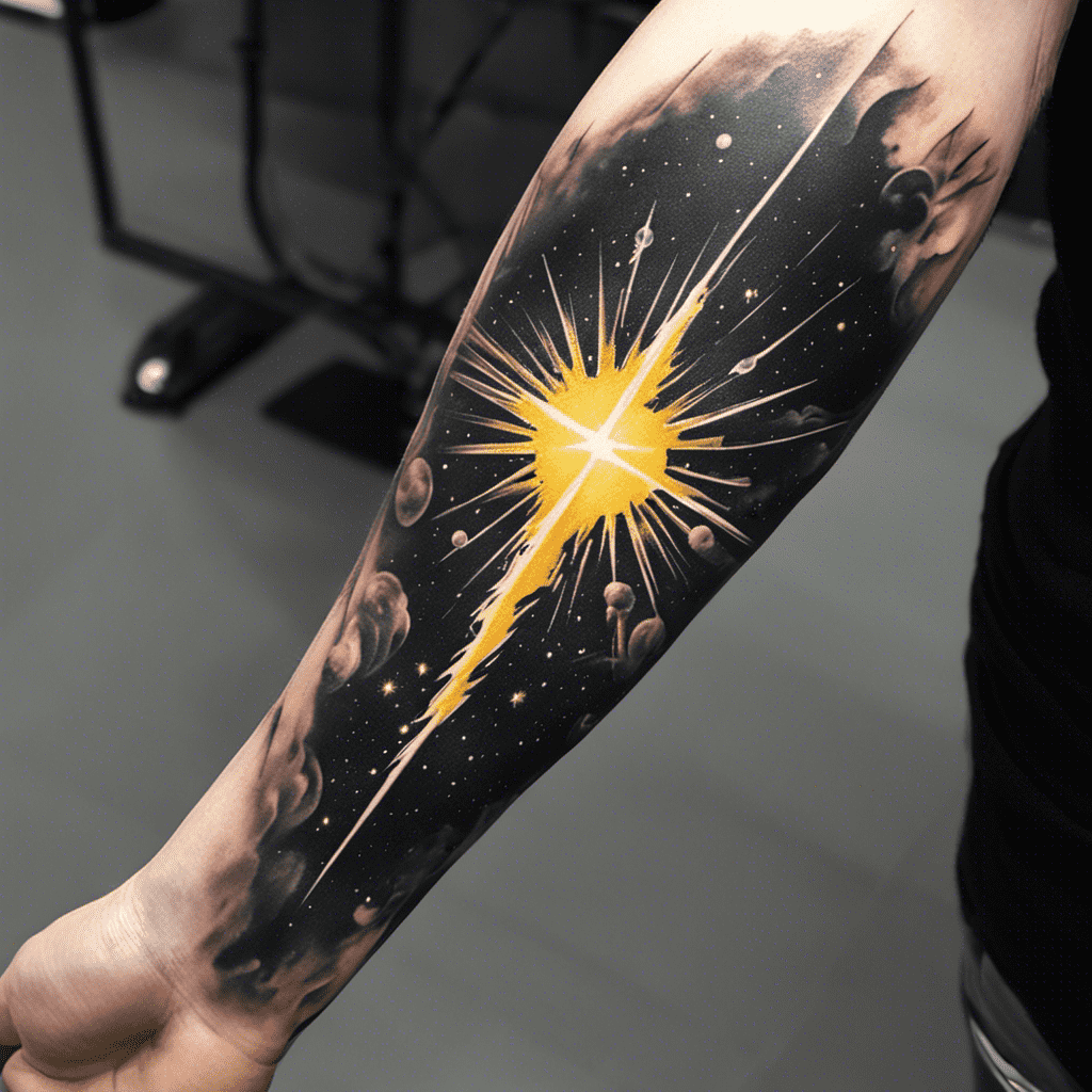 A detailed tattoo on a person's arm depicting a vibrant space scene with stars, planets, and a bright yellow starburst at the center.