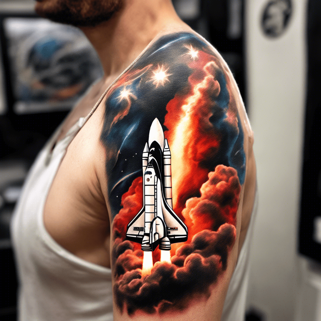 A vividly colored tattoo on someone's arm depicting a space shuttle launch with a dramatic backdrop of fiery clouds and sparkling stars.