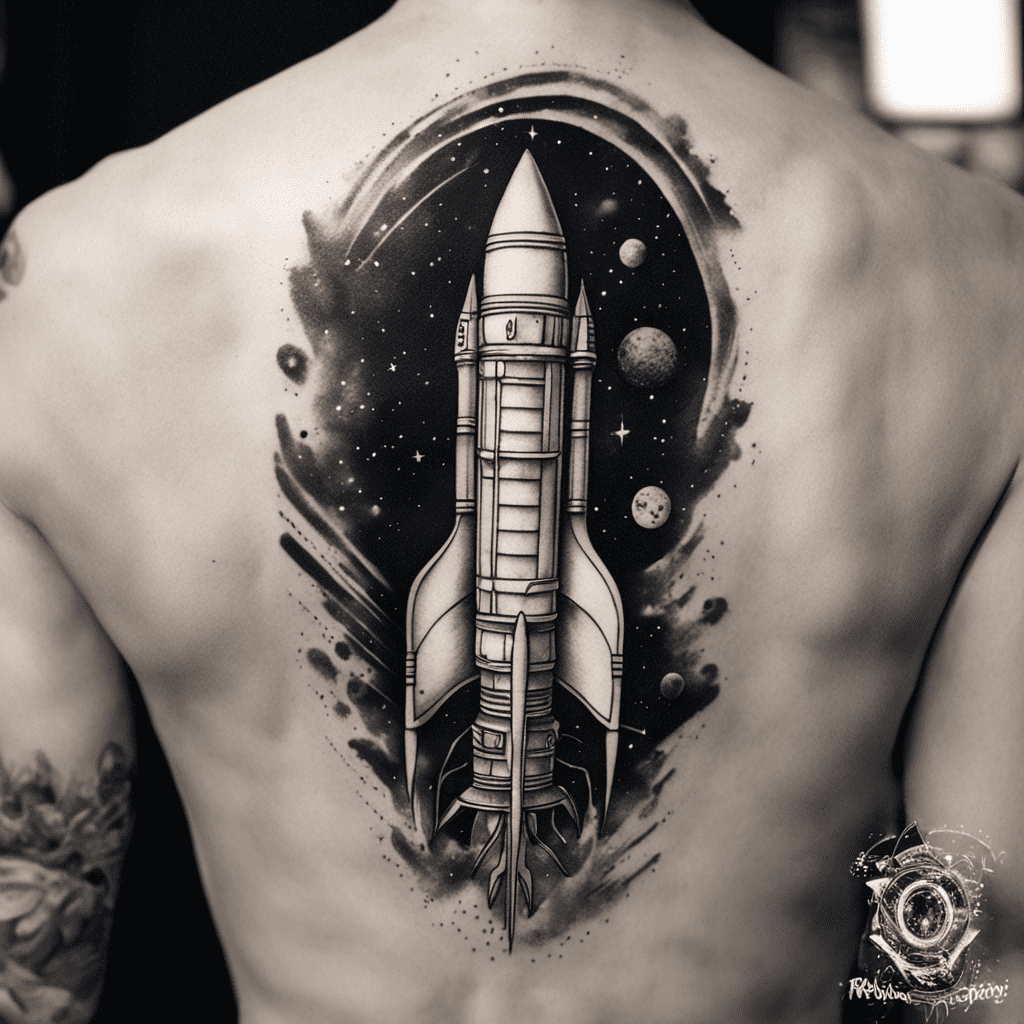 A black and white tattoo of a space scene featuring a prominent rocket in the center, surrounded by planets and stars, inked on someone's back.