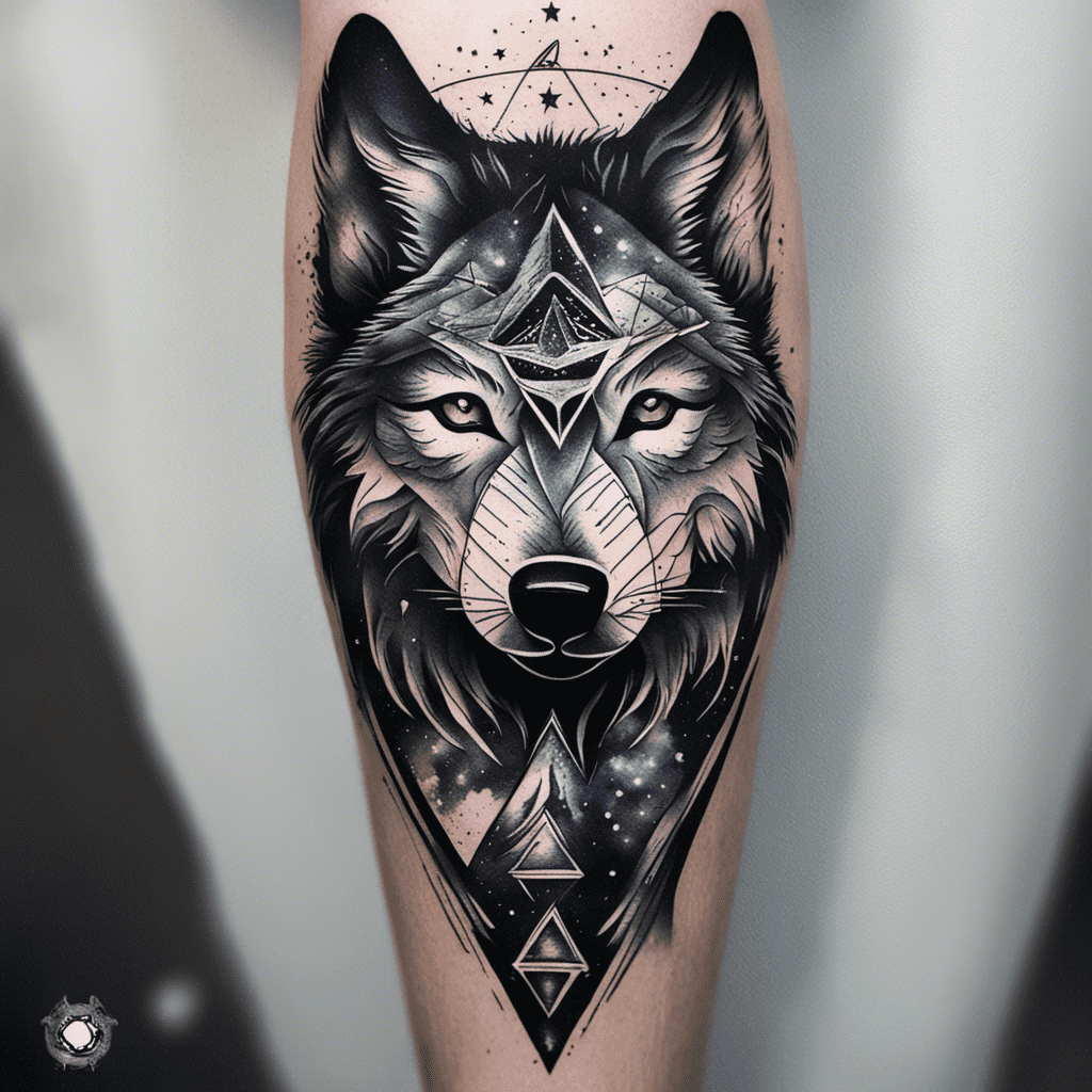 A black and gray tattoo of a detailed wolf's face with geometric patterns and stars on a person's arm.