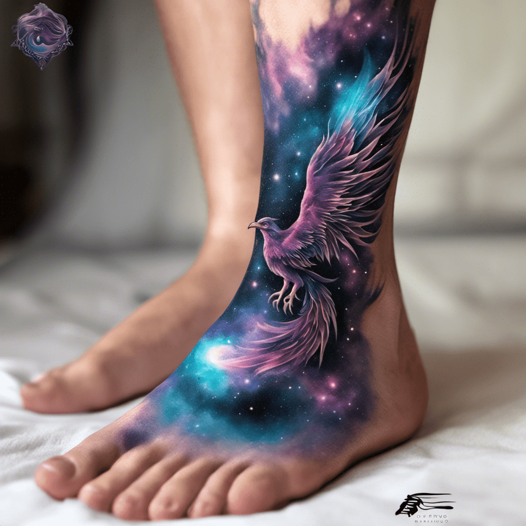 An intricately detailed tattoo of a purple phoenix with its wings spread, set against a cosmic galaxy background, decorates the side of a person's leg and foot.