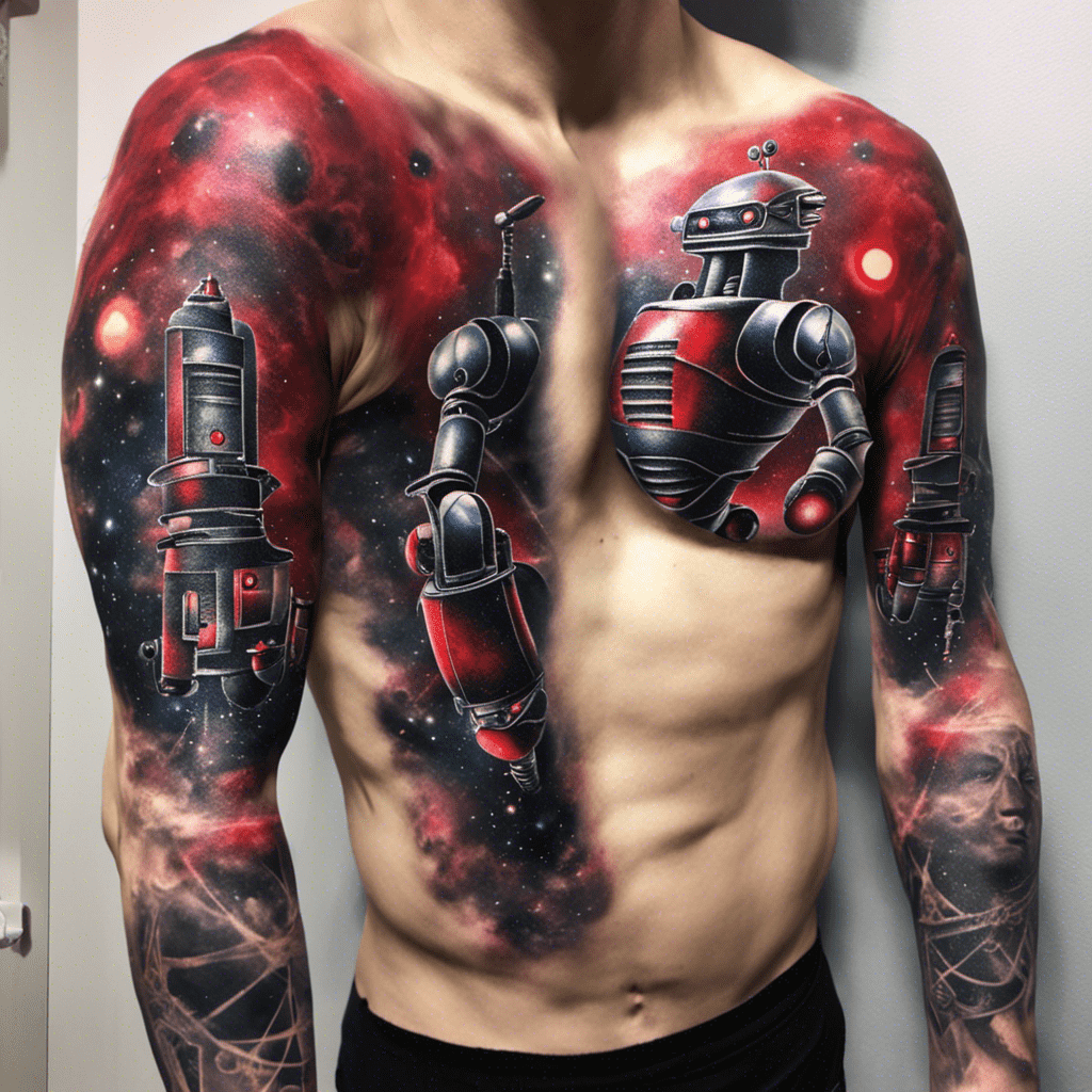 Man with a detailed cosmic-themed tattoo covering his shoulders and chest, featuring robotic arms and space elements.