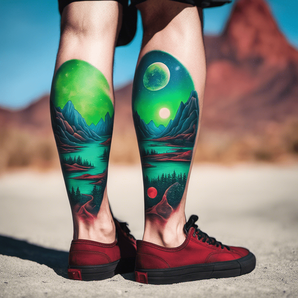 A person standing outdoors showing off colorful, detailed landscape tattoos on both calves, featuring mountains, a lake, and celestial elements with a natural background that complements the tattoo art.