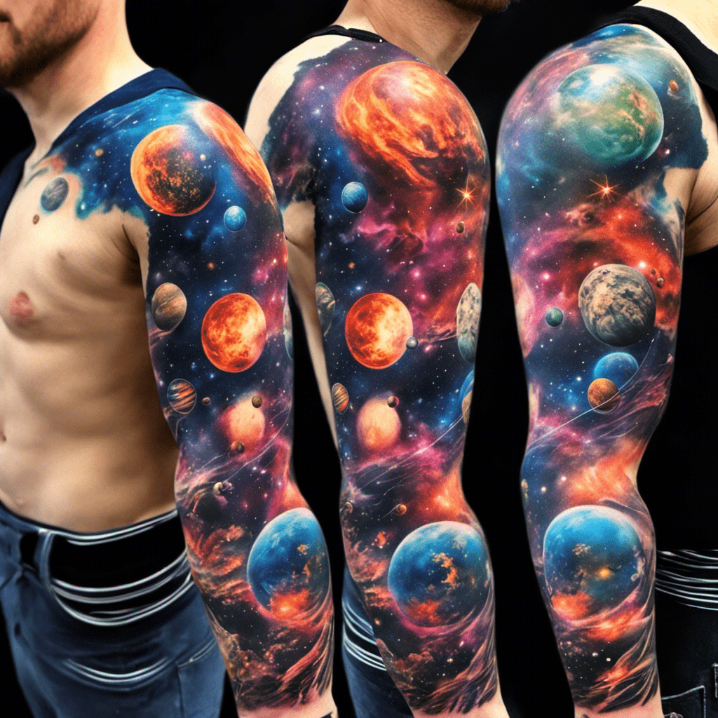 A person displaying a detailed sleeve tattoo of a colorful space scene with various planets, stars, and nebulae on their arm. The image shows three different angles of the tattoo.