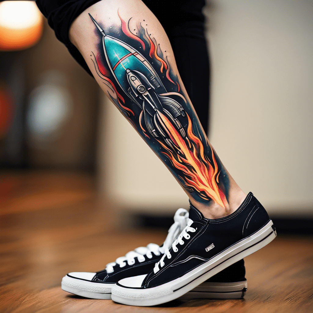 A person's leg with a colorful tattoo of a rocket ship surrounded by flames, standing with a black sneaker on wooden flooring.