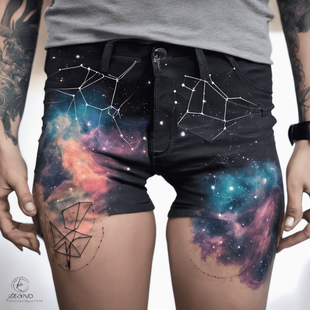 A person wearing black shorts with a galaxy print design and tattoos on their thighs visible. The tattoos feature geometric shapes and constellations.