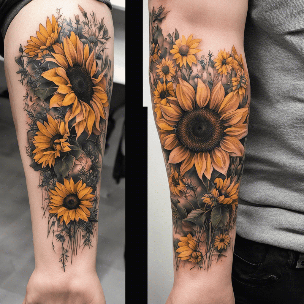Two images of a person's arm featuring a detailed tattoo of sunflowers and other flowers in shades of yellow and gray.