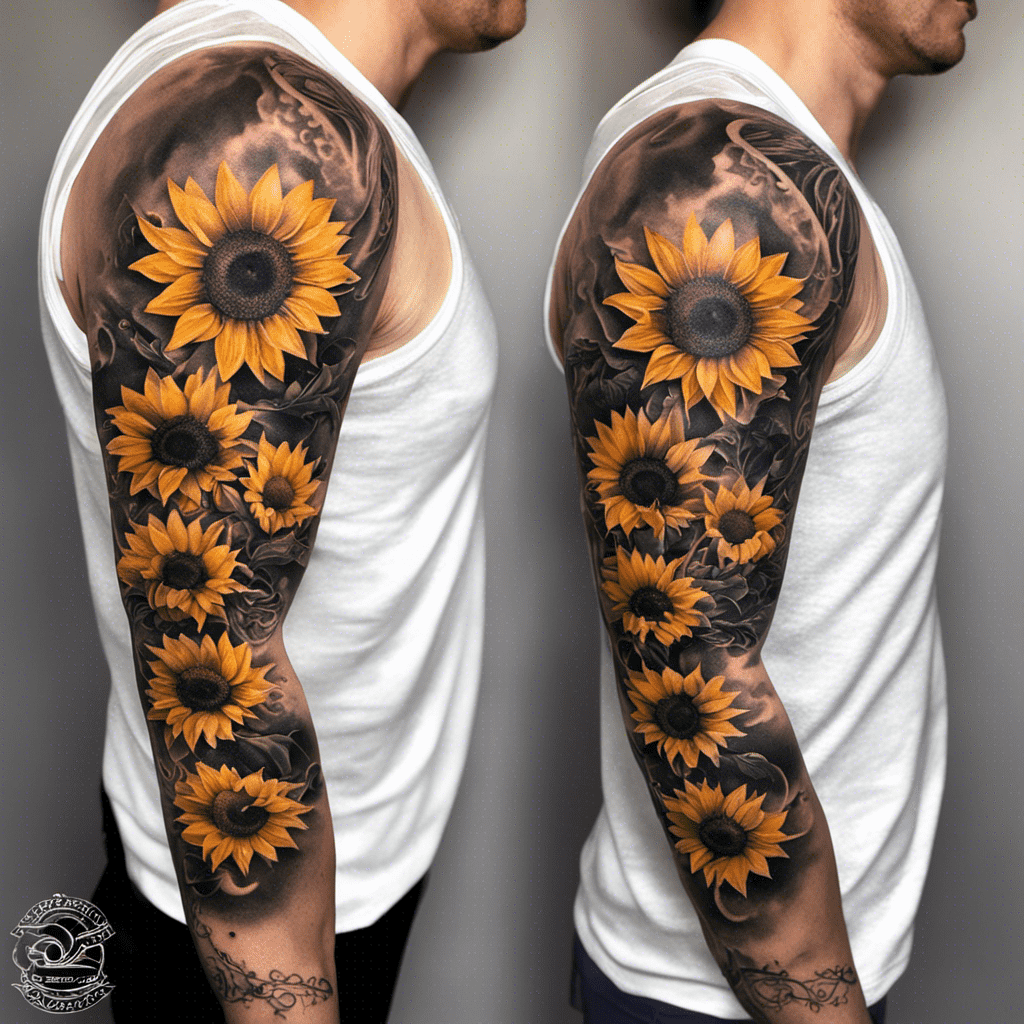 Alt text: A person's arm fully covered with a sleeve tattoo featuring vibrant sunflowers against a backdrop of shaded leaves and petals.