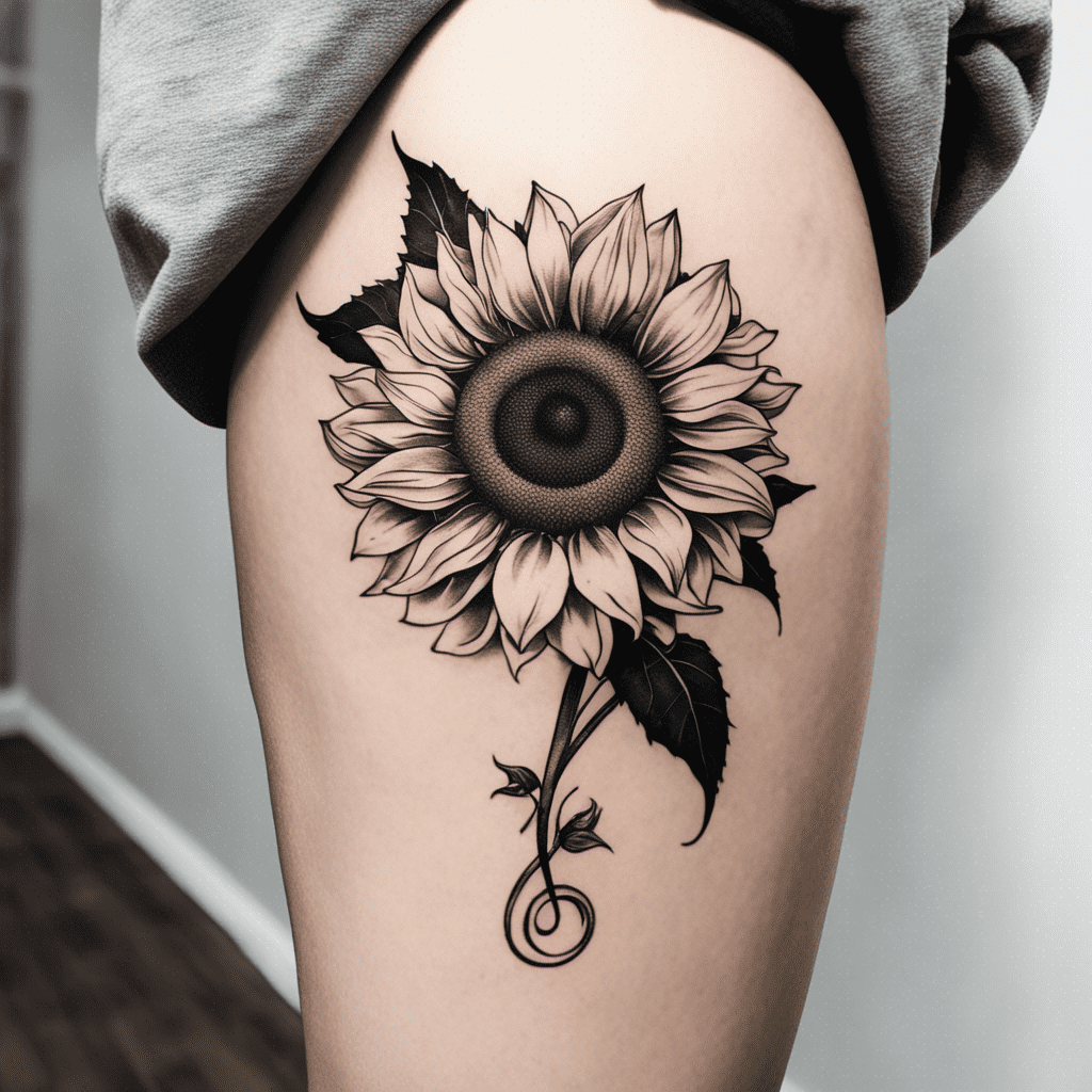 Alt text: A detailed black and grey tattoo of a sunflower with intricate shading, located on a person's thigh.