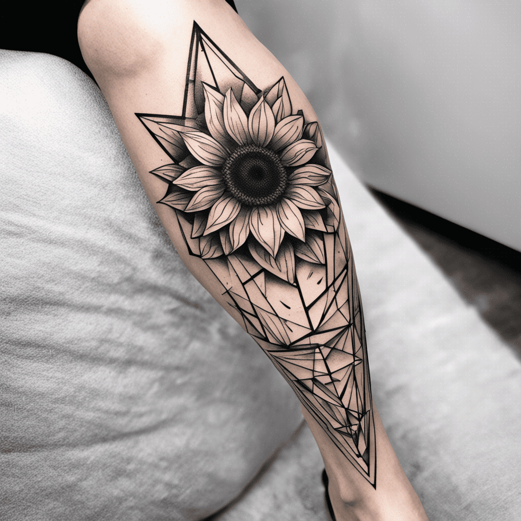 A detailed black and gray tattoo of a sunflower within geometric shapes on someone's arm.