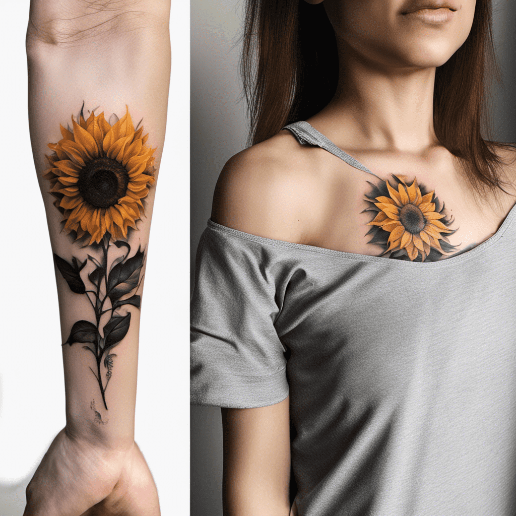 A split image showing a close-up of a tattoo of a sunflower on a person's arm on the left, and on the right, the same tattoo design appearing on a woman's shoulder.