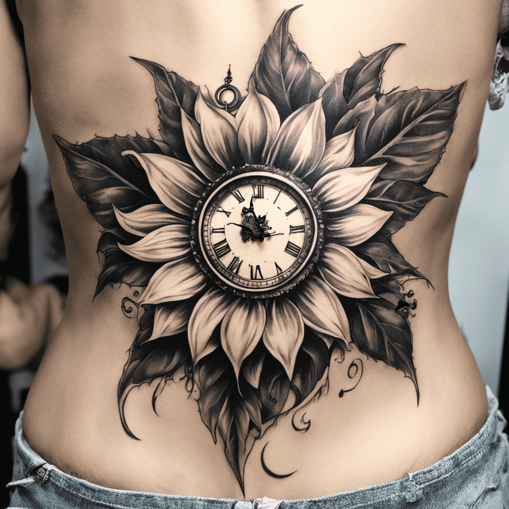 A black-and-grey tattoo of a large sunflower with a detailed clock face at its center, inked on someone's back.