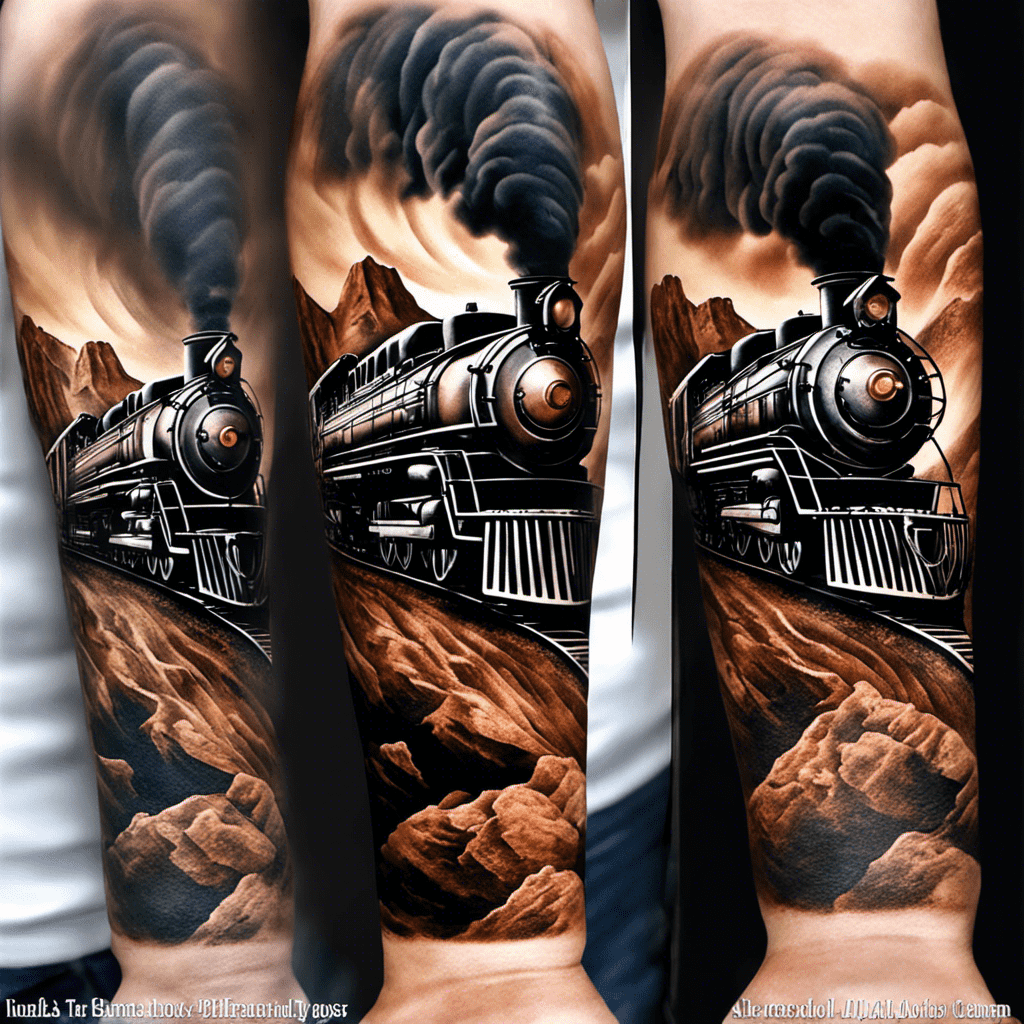 A detailed black and gray tattoo of a vintage steam locomotive train emerging from a rocky landscape with billowing smoke, displayed across three stages on a person's arm.