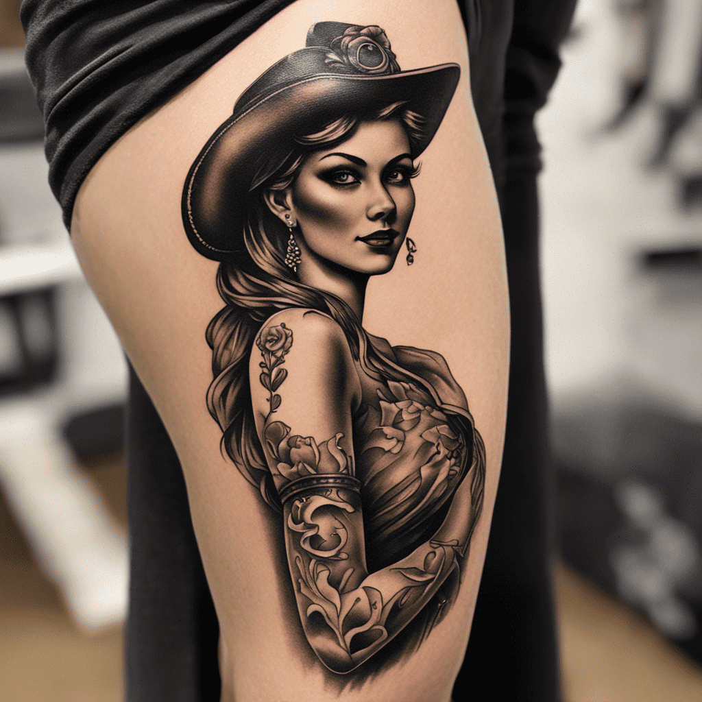 Alt text: A detailed black and grey tattoo of a woman with a vintage style, wearing a hat and a rose-themed dress, inked on someone's thigh.