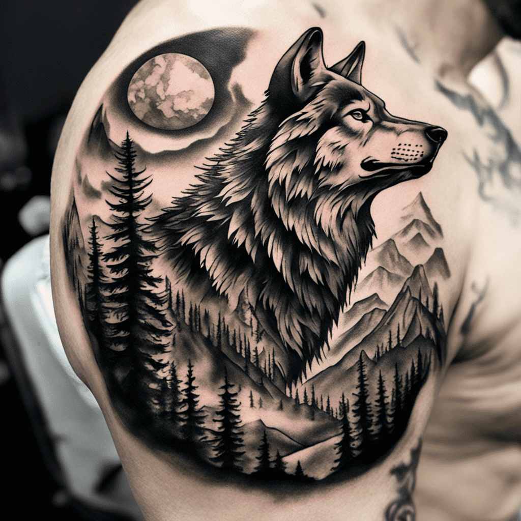 An intricately detailed black and grey tattoo of a wolf with a backdrop of pine trees and mountains, and a full moon in the sky, on someone's shoulder.