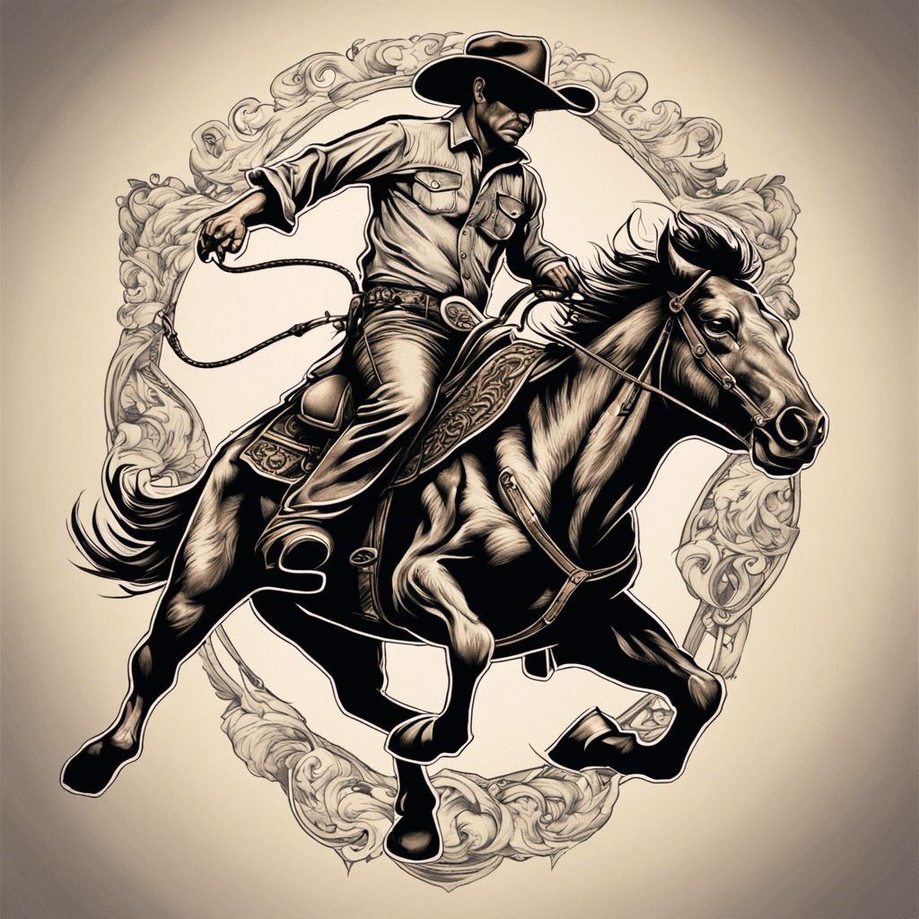Alt text: Illustration of a cowboy riding a galloping horse with a lasso in hand, set against a decorative background.