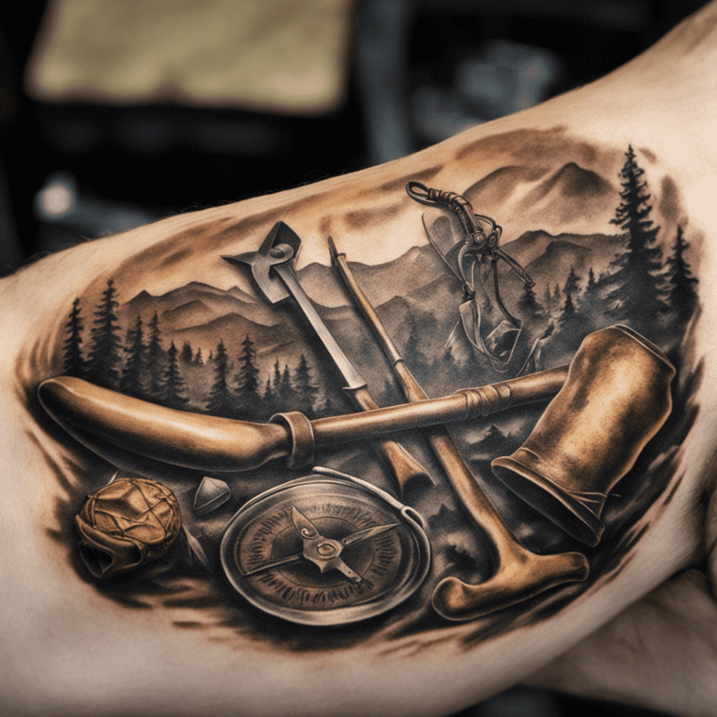 Alt text: A detailed black and grey tattoo on someone's arm, depicting an outdoor adventure theme with a pickaxe, rope, compass, and coniferous trees against a mountain background.