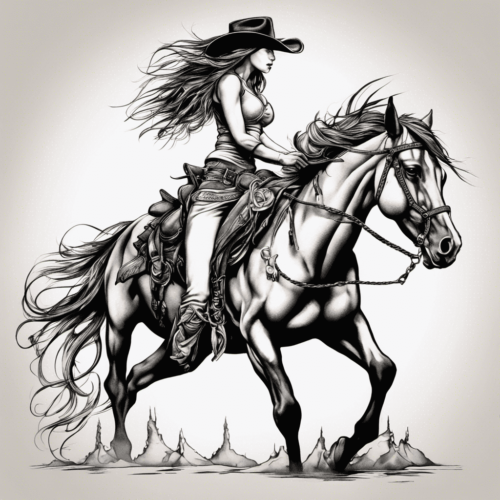 A monochrome illustration of a woman in a cowboy hat and denim shorts riding a powerful horse, with windswept hair and an intricate saddle, set against a barren landscape.