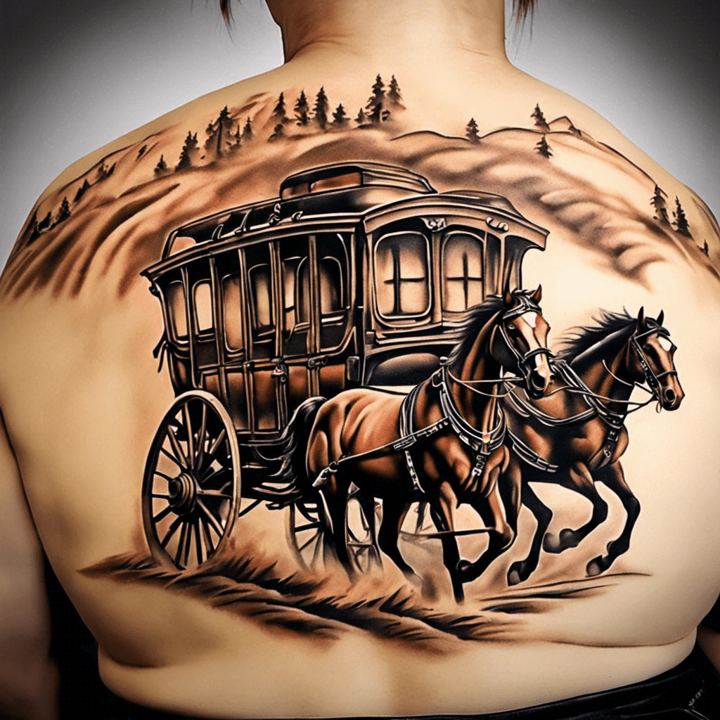 A detailed back tattoo depicting a horse-drawn carriage moving across a landscape, with a background of trees and a cloudy sky.