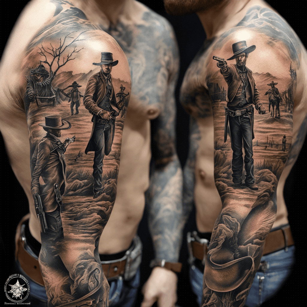 A detailed sleeve tattoo depicting a Western scene with a cowboy standing in a classic gunslinger pose, set against a backdrop featuring a desert landscape with cacti and a vintage train in the distance.