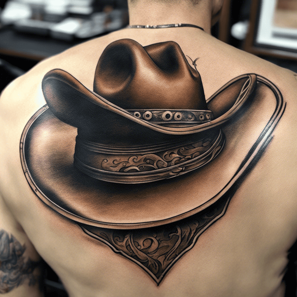 A detailed black and gray tattoo of a cowboy hat on someone's back.