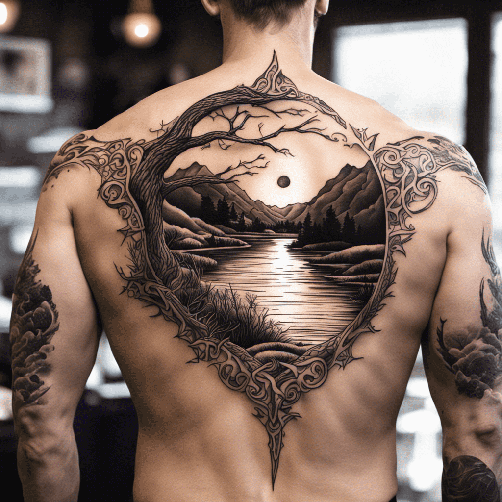 Alt text: A person's back featuring a large, intricate black ink tattoo depicting a nature scene with trees, a sun or moon, and a reflective body of water within an ornate frame.