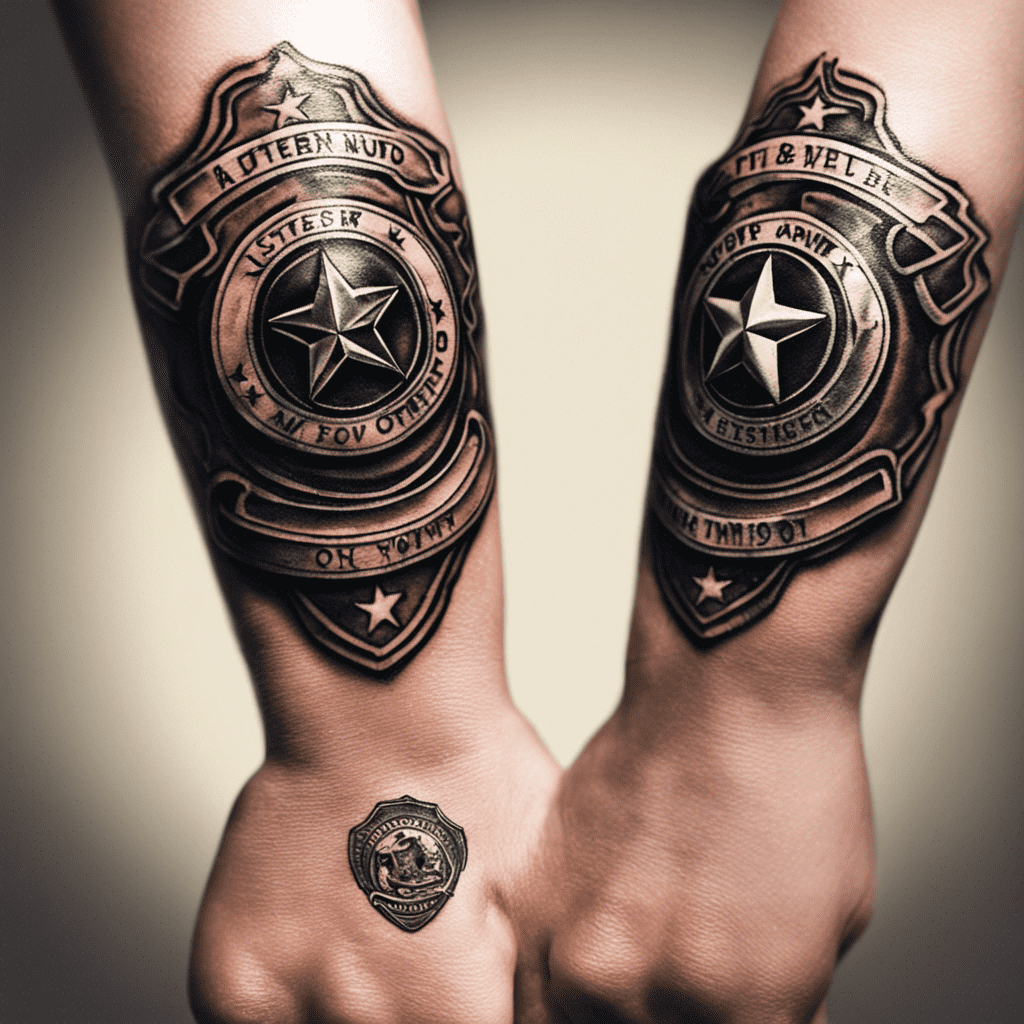 Two crossed forearms with detailed sheriff badge tattoos.