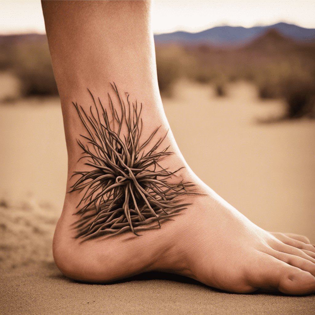 A realistic tattoo of a plant on a person's ankle, set against a sandy desert background.