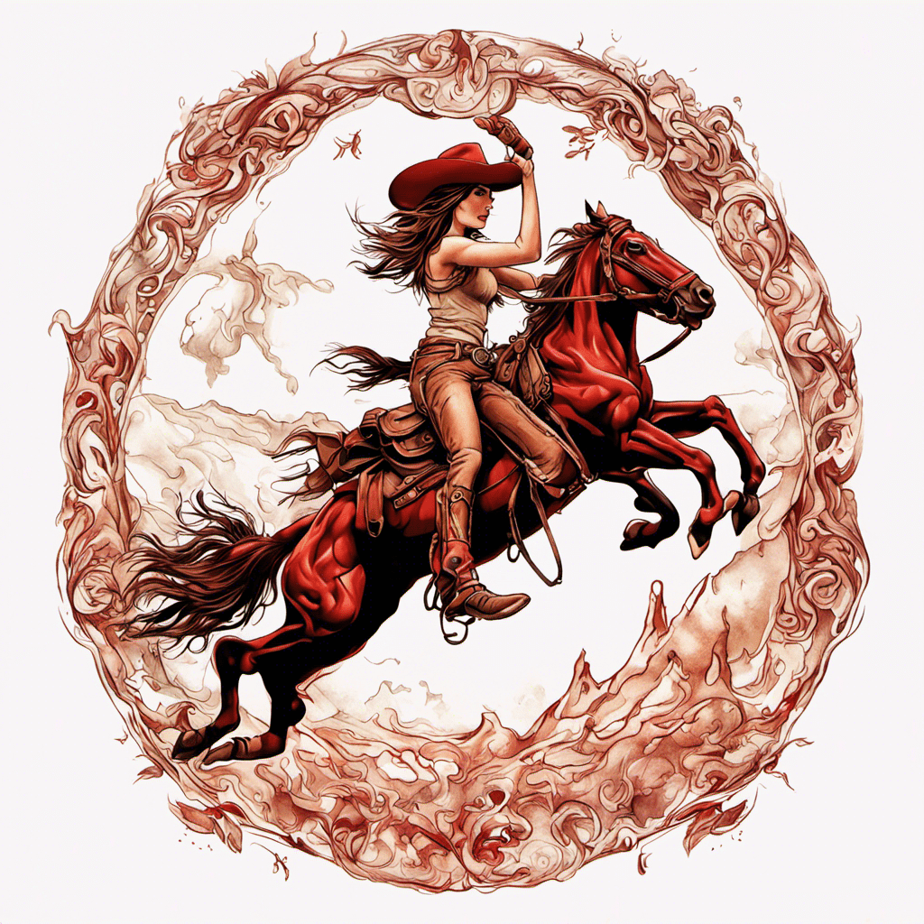 An illustrated image of a woman in Western attire riding a galloping horse, framed within an ornate circular border resembling swirling flames or foliage.