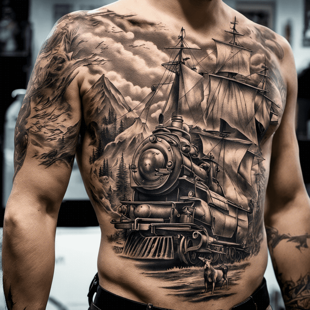 A man's torso with a detailed black and gray tattoo covering the chest and arms, depicting a scenic landscape with mountains, clouds, a sailing ship, and a steam train, illustrating an intricate piece of body art.