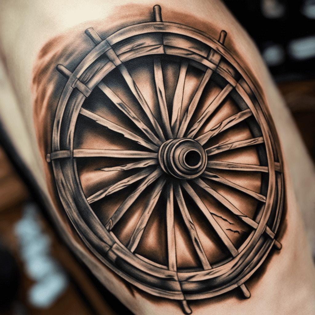 A realistic tattoo of a wooden wagon wheel on someone's skin, showcasing intricate shading and detail.