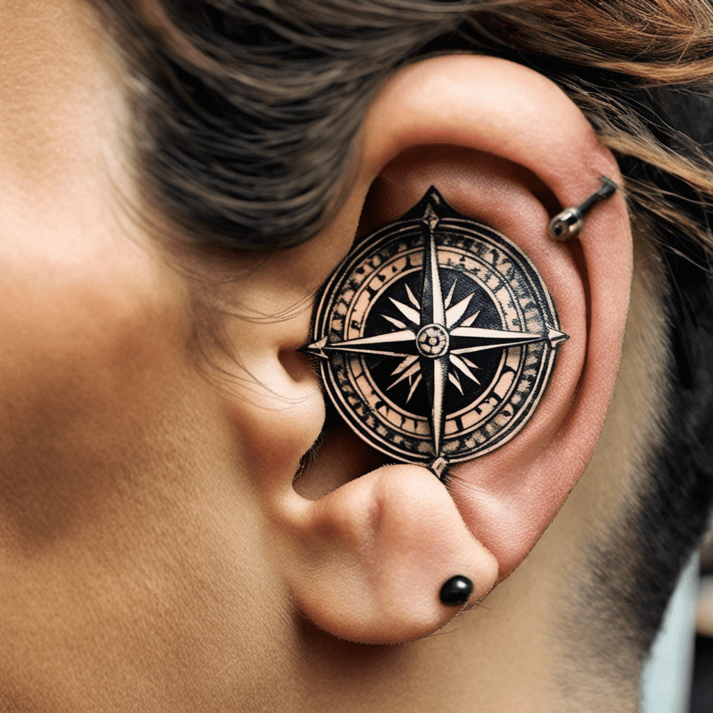 Alt text: Close-up of a person's ear adorned with a compass design earring.