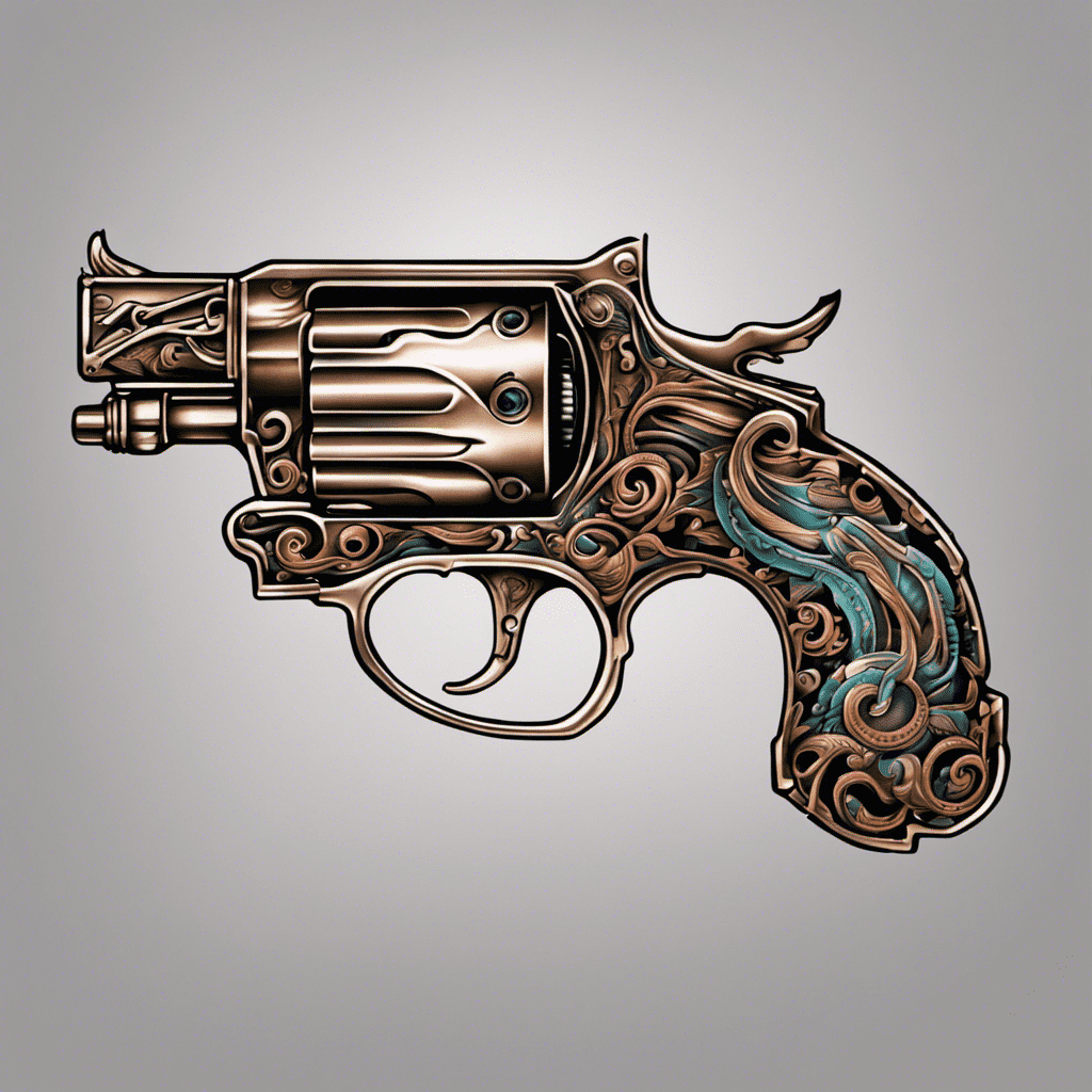 An ornately designed revolver with intricate patterns and embellishments on a neutral background.