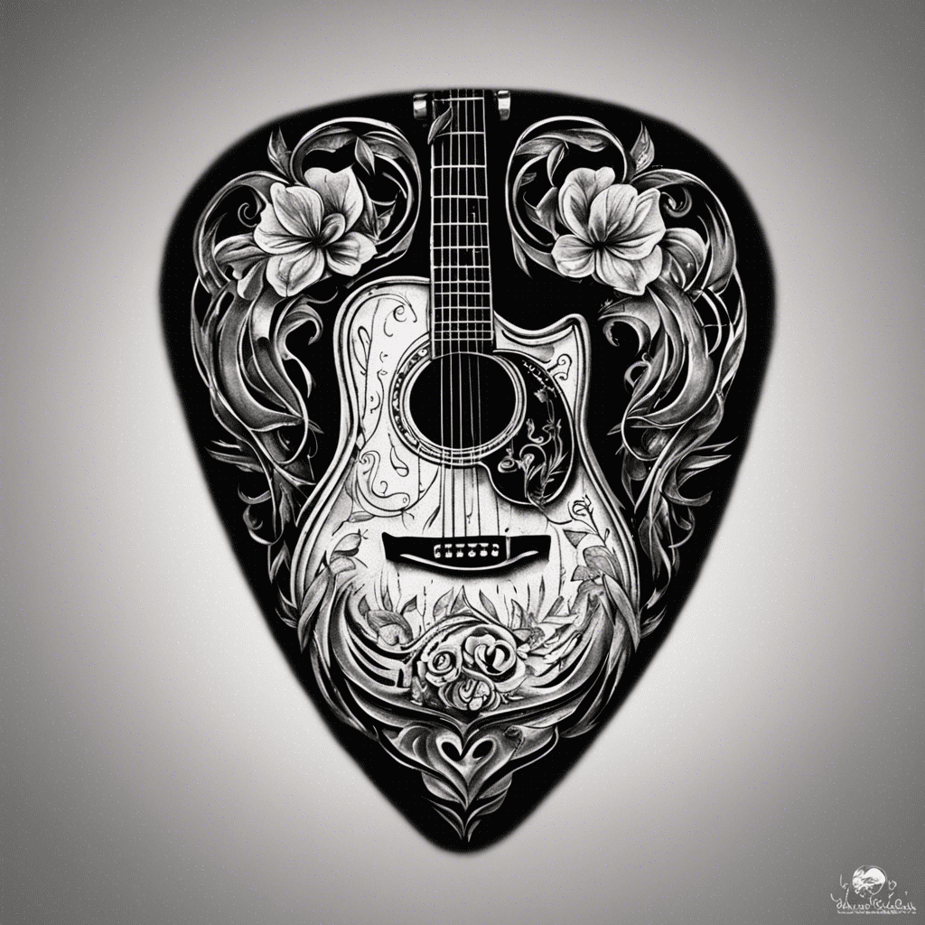 A black and white artistic illustration of a guitar with ornate floral patterns, set against a heart-shaped background with similar decorative elements.